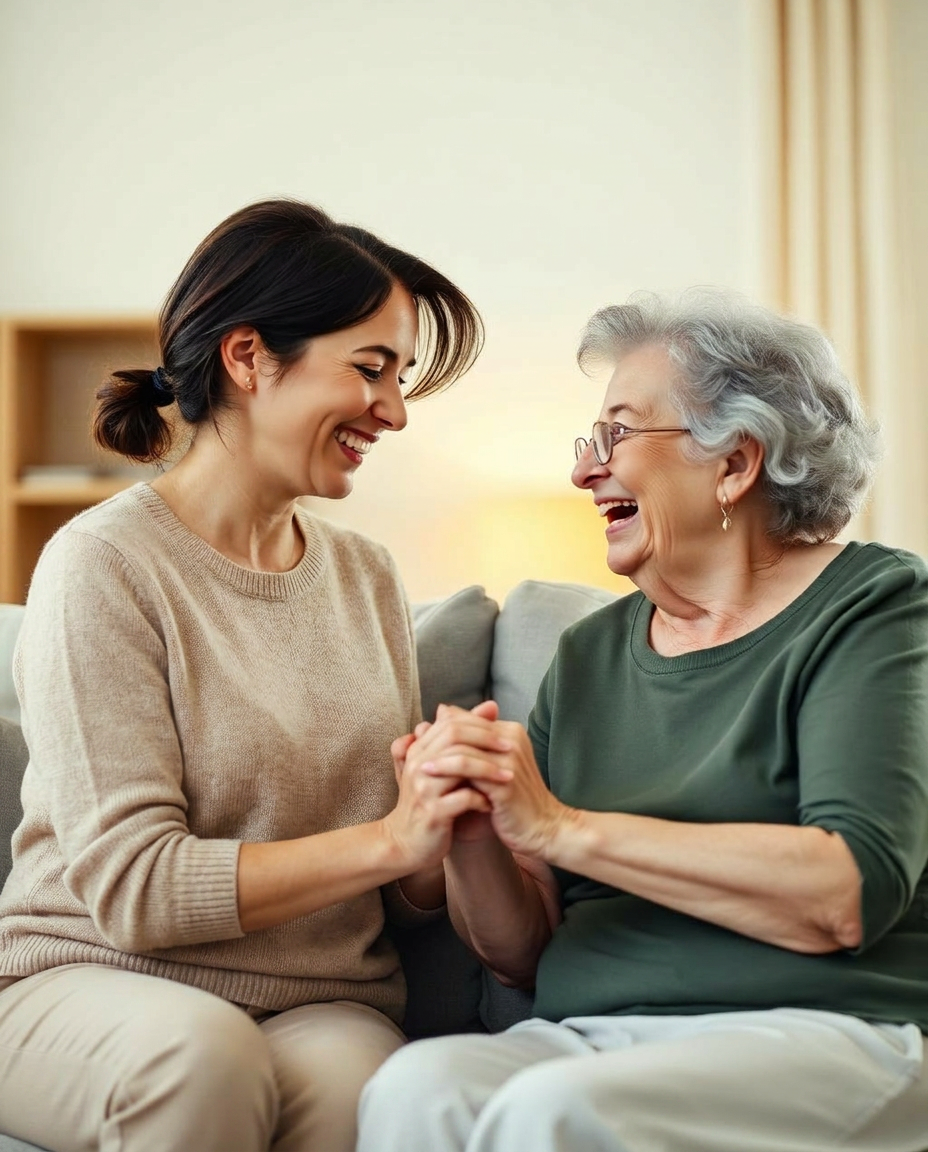 Betreuerin um die 40 hält lachend die Hand einer älteren Dame im Wohnzimmer