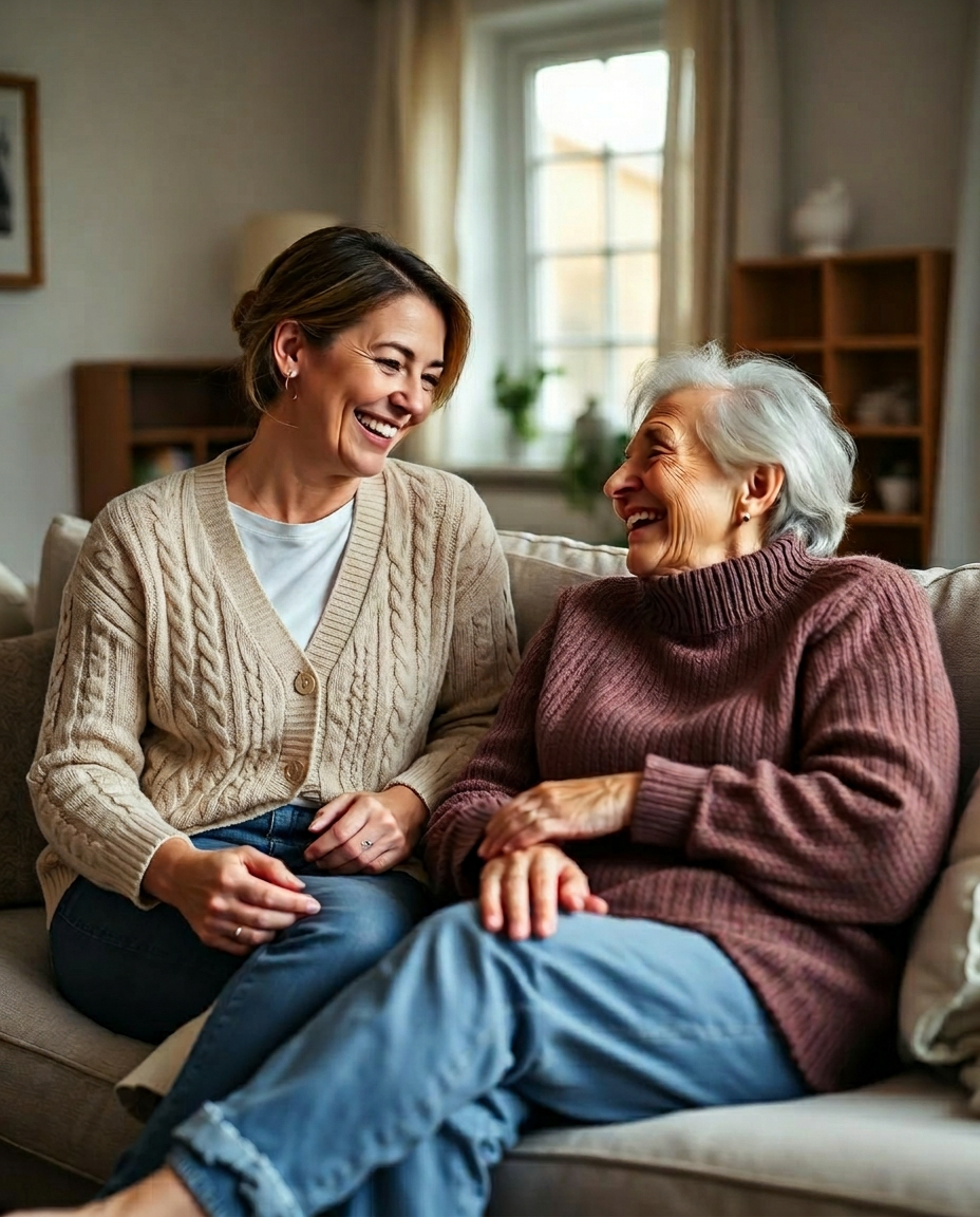 Betreuerin um die 40 lacht herzlich mit einer älteren Dame auf dem Sofa zuhause