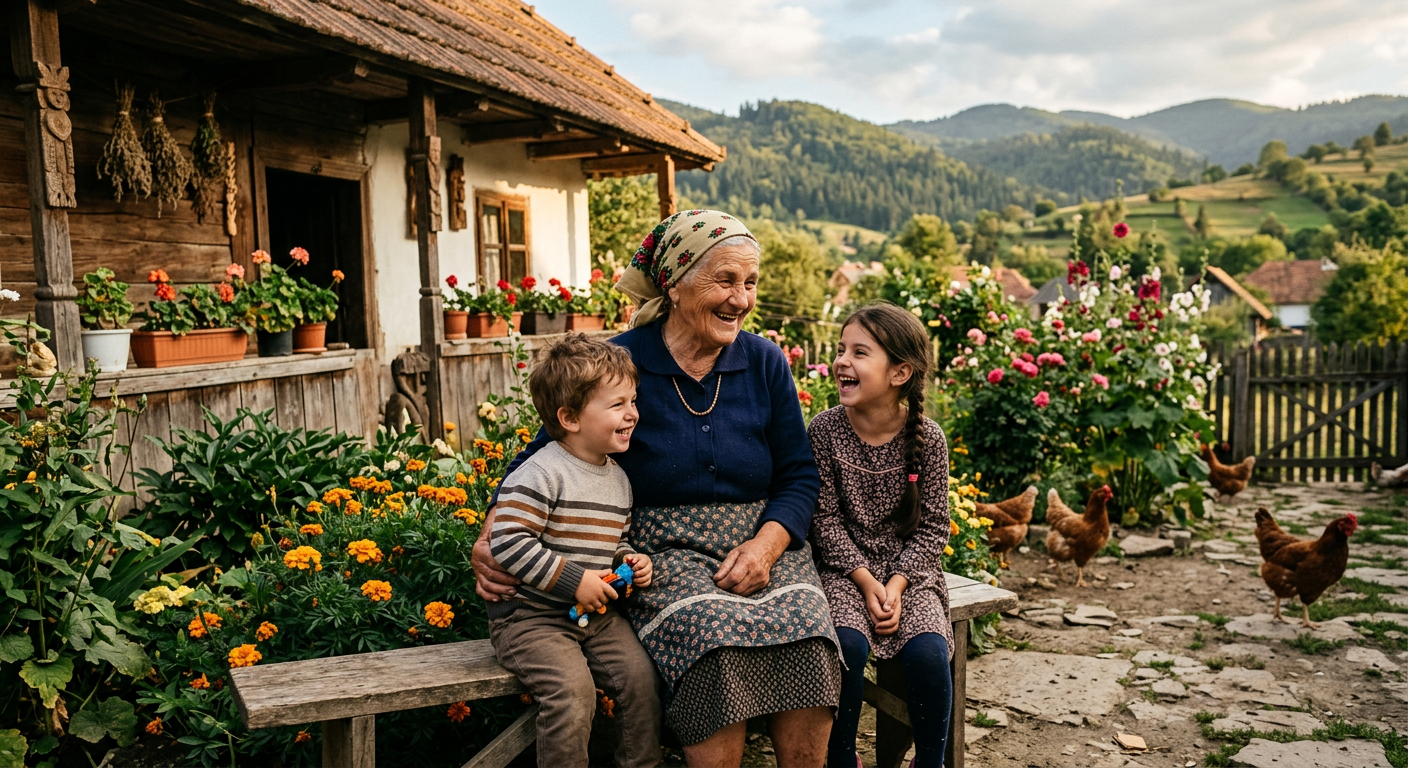 Eine Grossmutter mit ihren Enkelkindern vor einem Dorfhaus